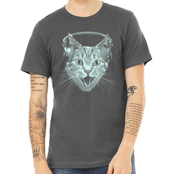 Cat Wearing Headphones Men s Tshirt- Cat DJ Shirt For Men and Boys- Music Lover Kitty Design- Funny Feline Graphic Tee For Discount