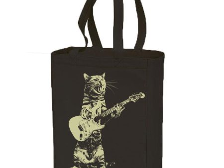 Cat playing guitar- cotton canvas natural tote bag For Cheap