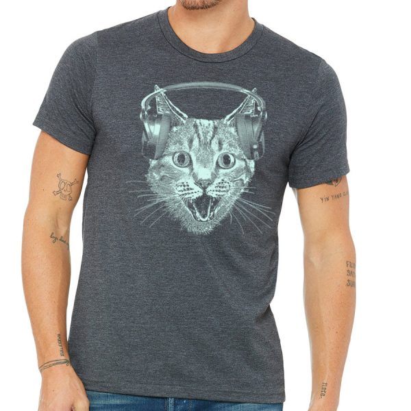 Cat Wearing Headphones Men s Tshirt- Cat DJ Shirt For Men and Boys- Music Lover Kitty Design- Funny Feline Graphic Tee For Discount